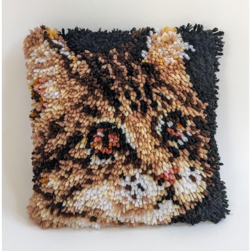 Vintage Latch Hook Tabby Cat Throw Pillow Complete Handmade‎ Shag Retro Feline
